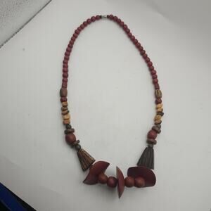 Chunky Mixed Wood Bead Statement Necklace Boho Tribal Red Geometric Barrel Clasp
